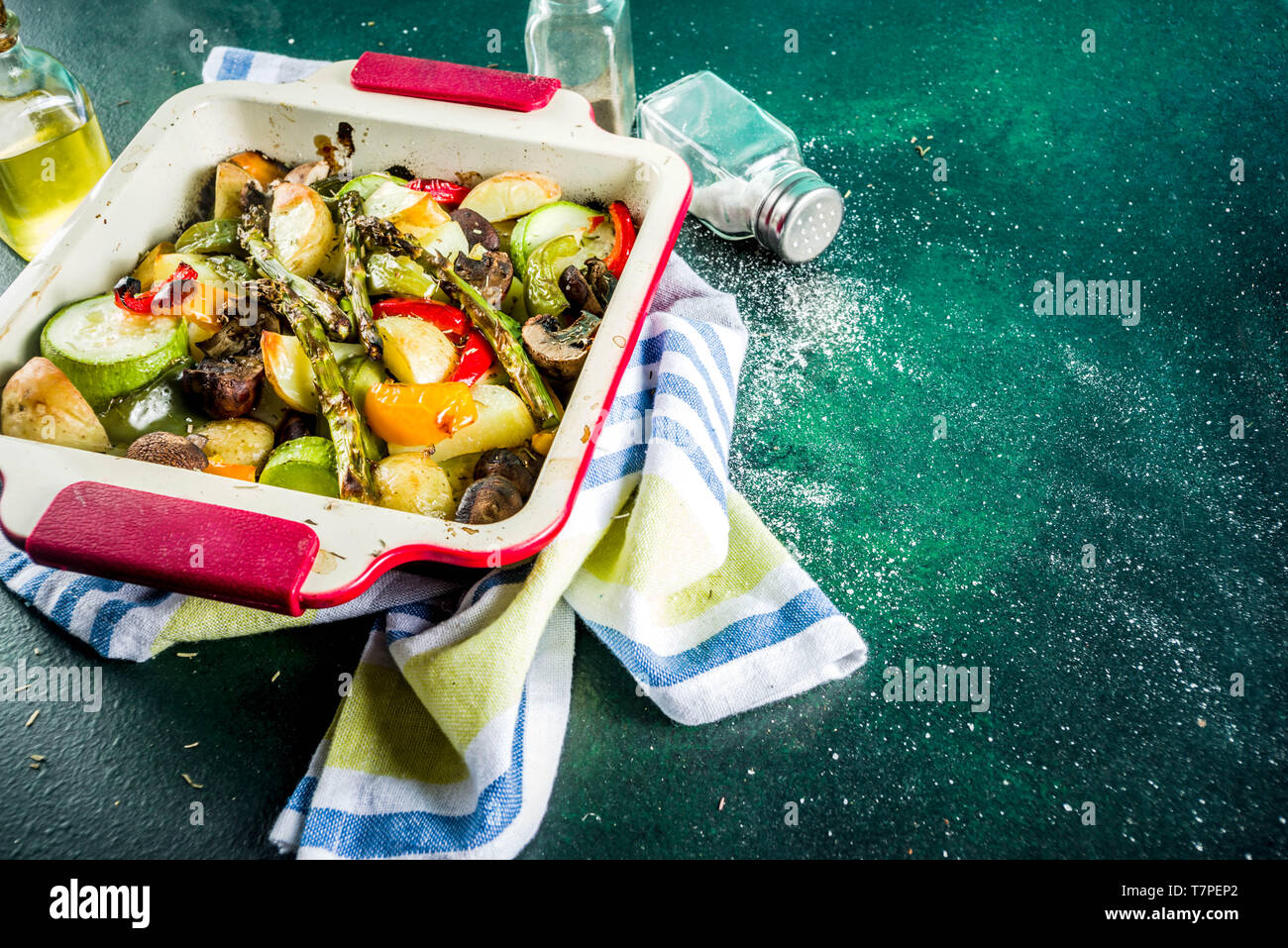 Grilled bbq vegetables, baked in the oven, with herbs, olive oil. Healthy diet food. Vegan lunch