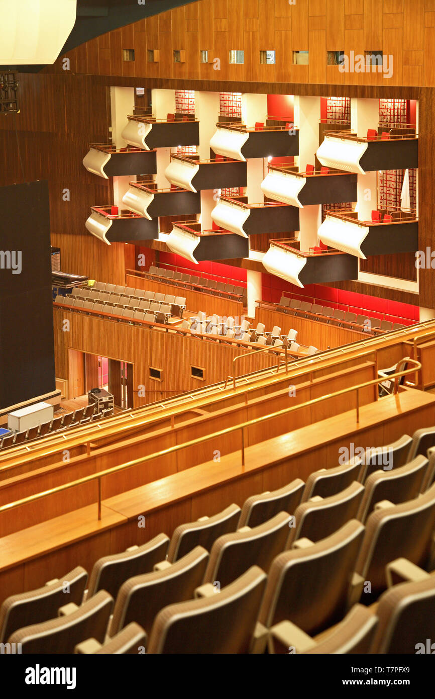 Interior of the Royal Festival Hall auditorium, London, following the 2007 refurbishment. Shows the famous reinforced concrete boxes. Stock Photo