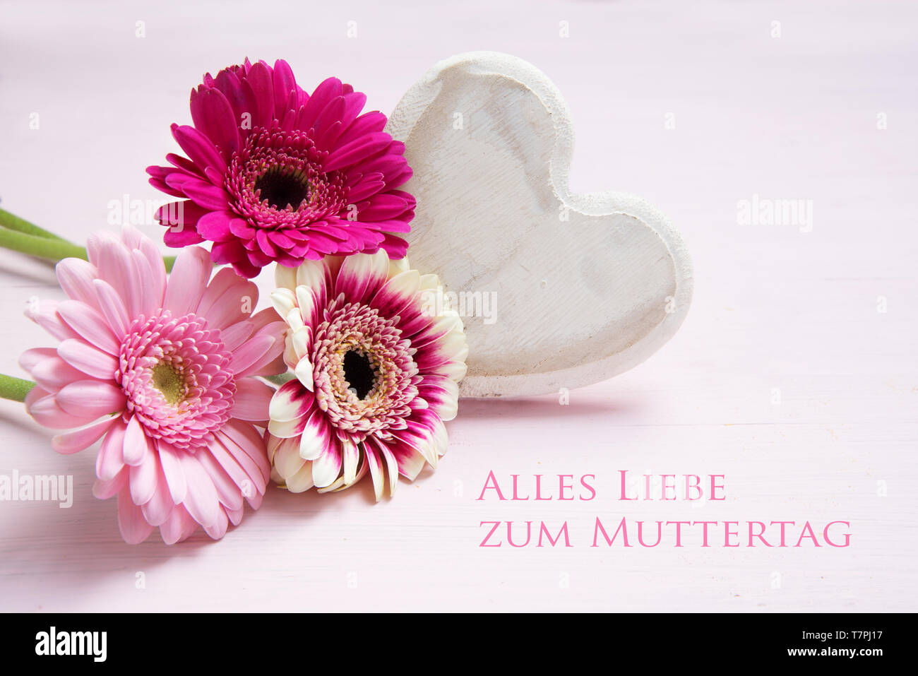 pink flowers and a white painted wooden heart on a pastel colored background, german text Alles Liebe zum Muttertag, meaning All Love for Mother's Day Stock Photo
