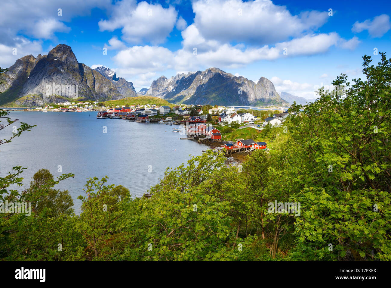 Top view of the fishing village Reine with typical rorbu houses in Lofoten islands, Norway. Stock Photo
