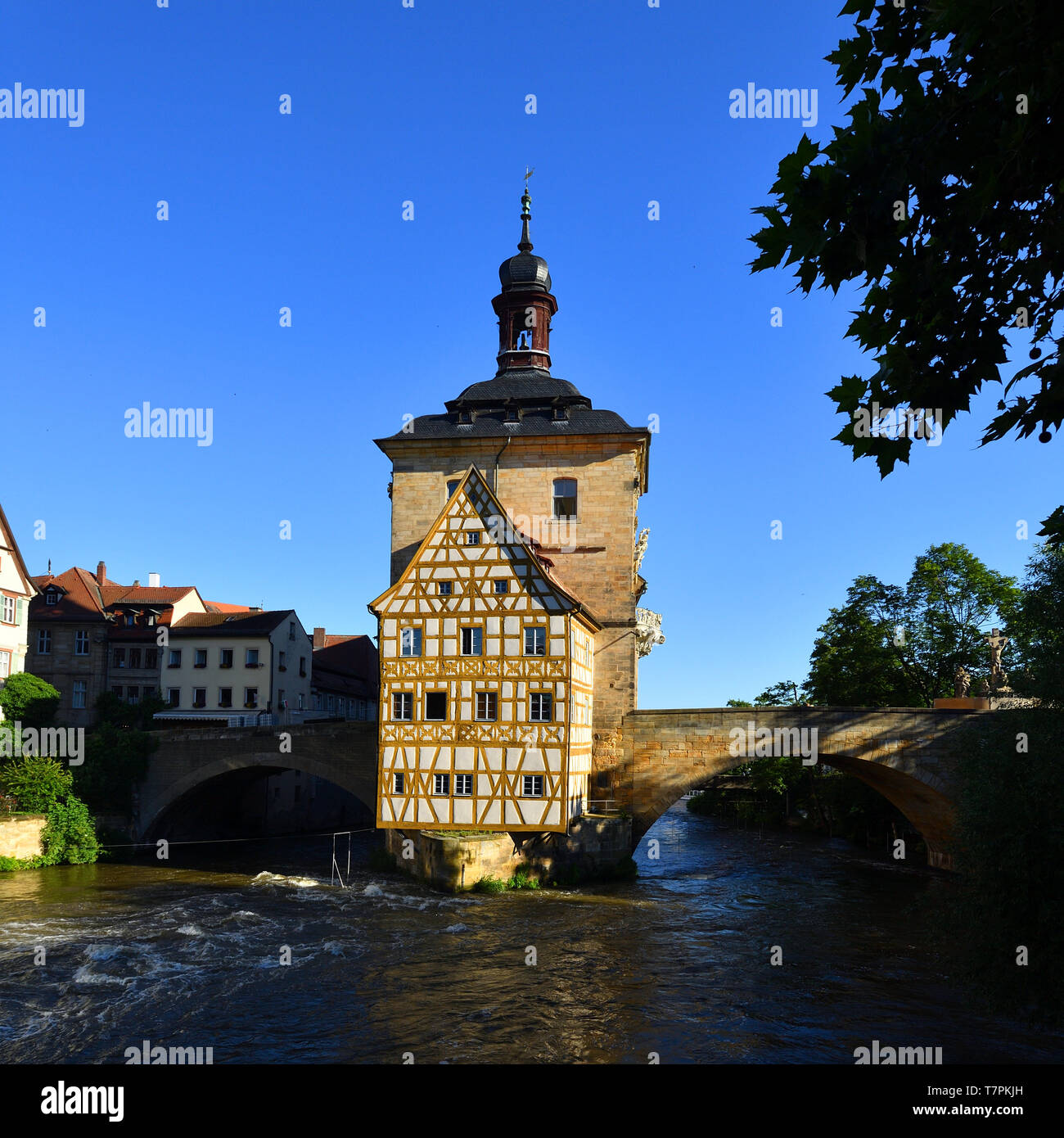 Germany, Bavaria, Upper Franconia Region, Bamberg, listed as World Heritage by UNESCO, Old Town Hall (Altes Rathaus) and Obere Brucke bridge over Regnitz river Stock Photo