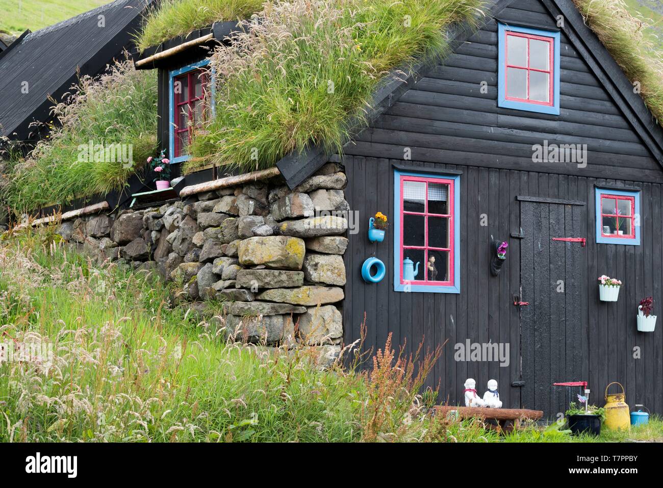 Denmark, Faroe Islands, Kunoy Island, Kunoy, house with turf roof Stock Photo