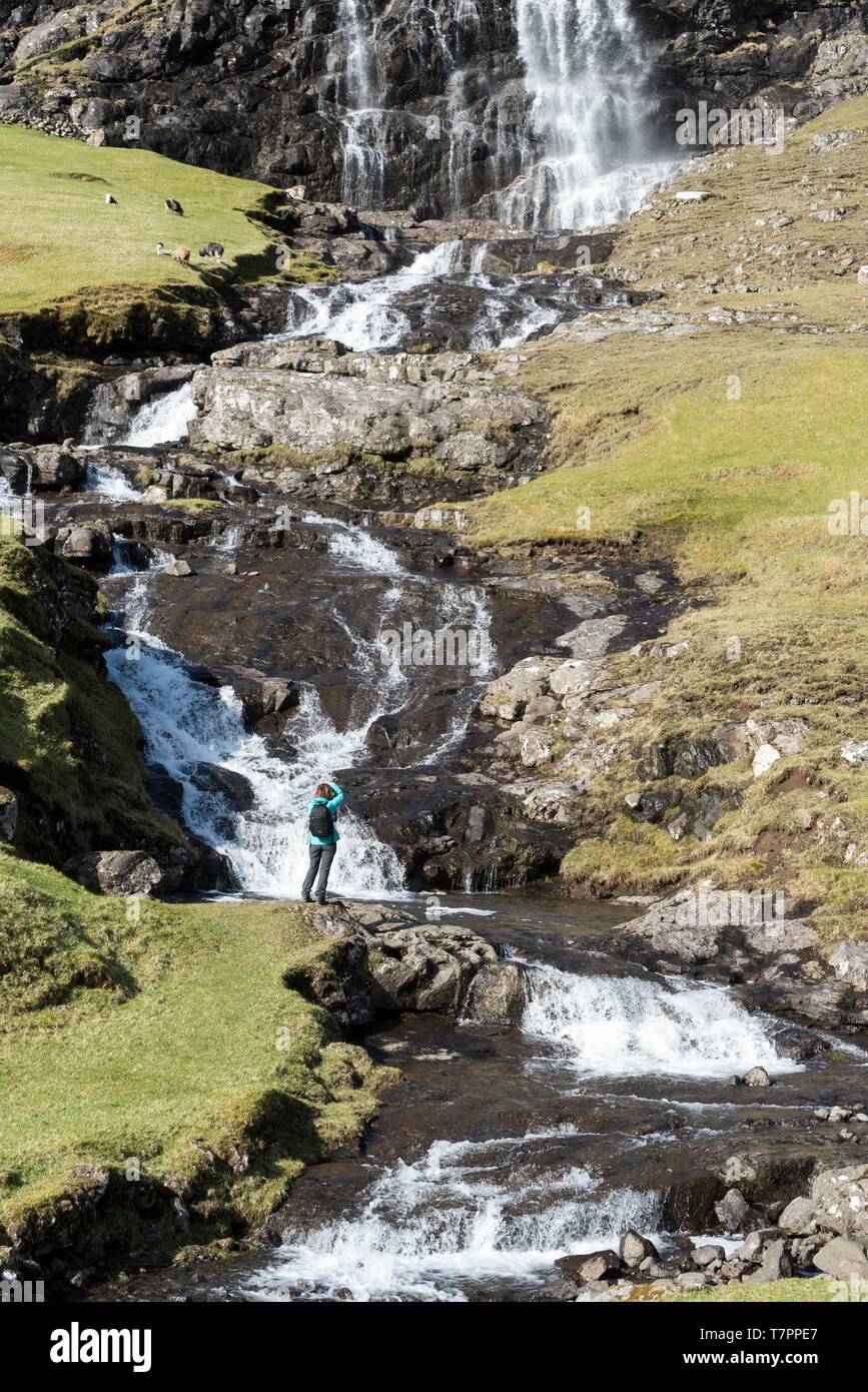 Denmark, Faroe Islands, Streymoy Island, Saksun, waterfall Stock Photo