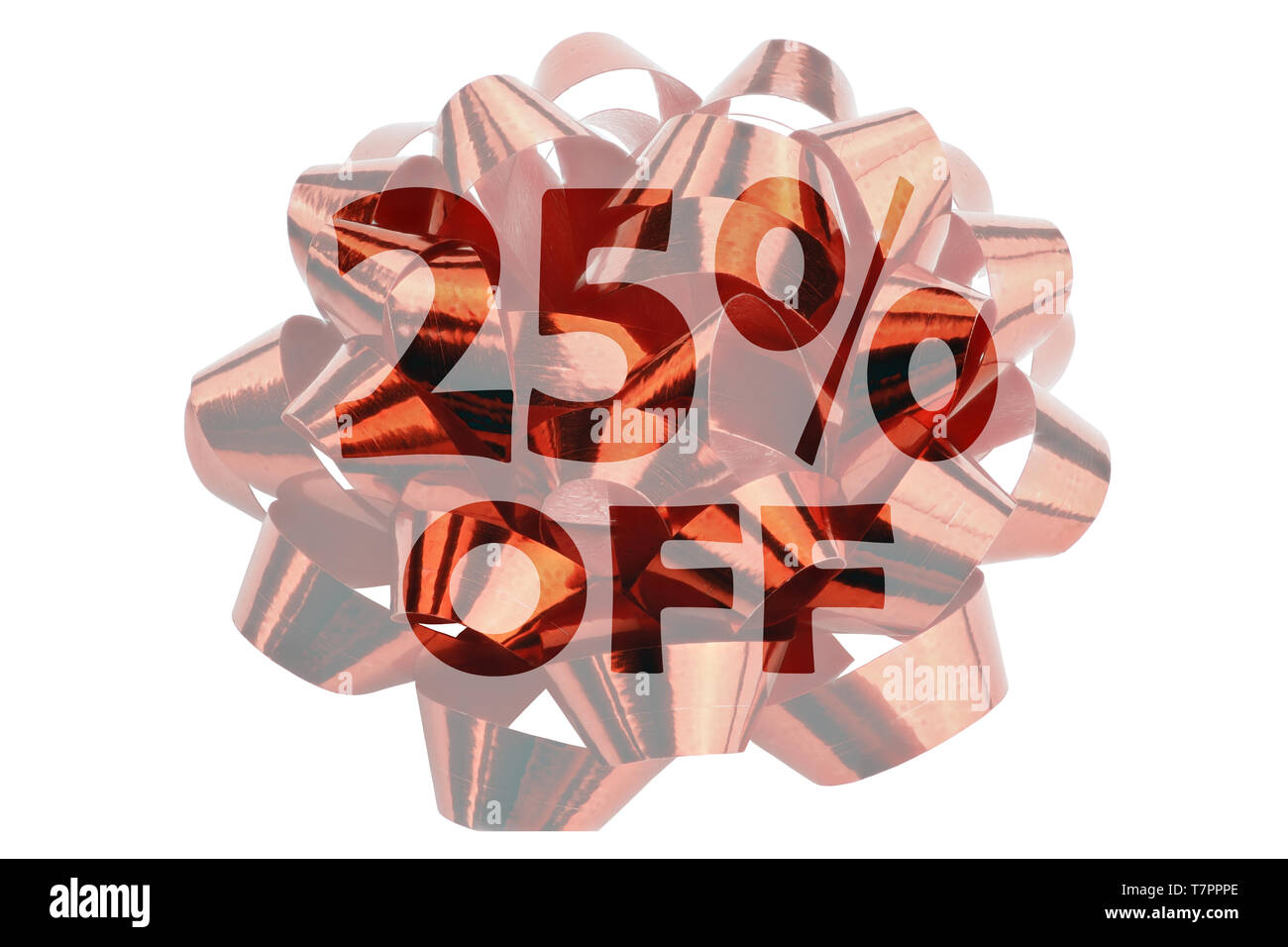 Red gift ribbon in closeup with highlighted text 25% off Stock Photo