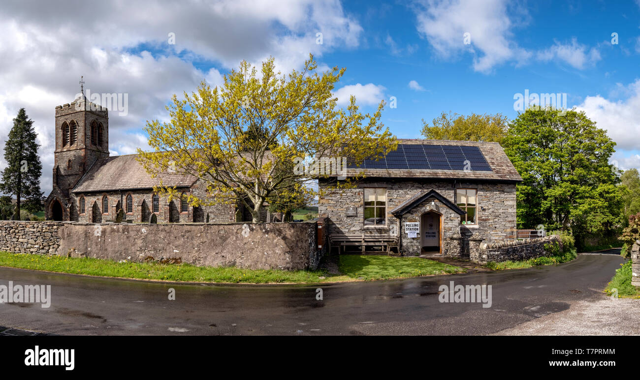 The local polling station for Lowick CP at the hall beside Lowick Church, Cumbria. Stock Photo