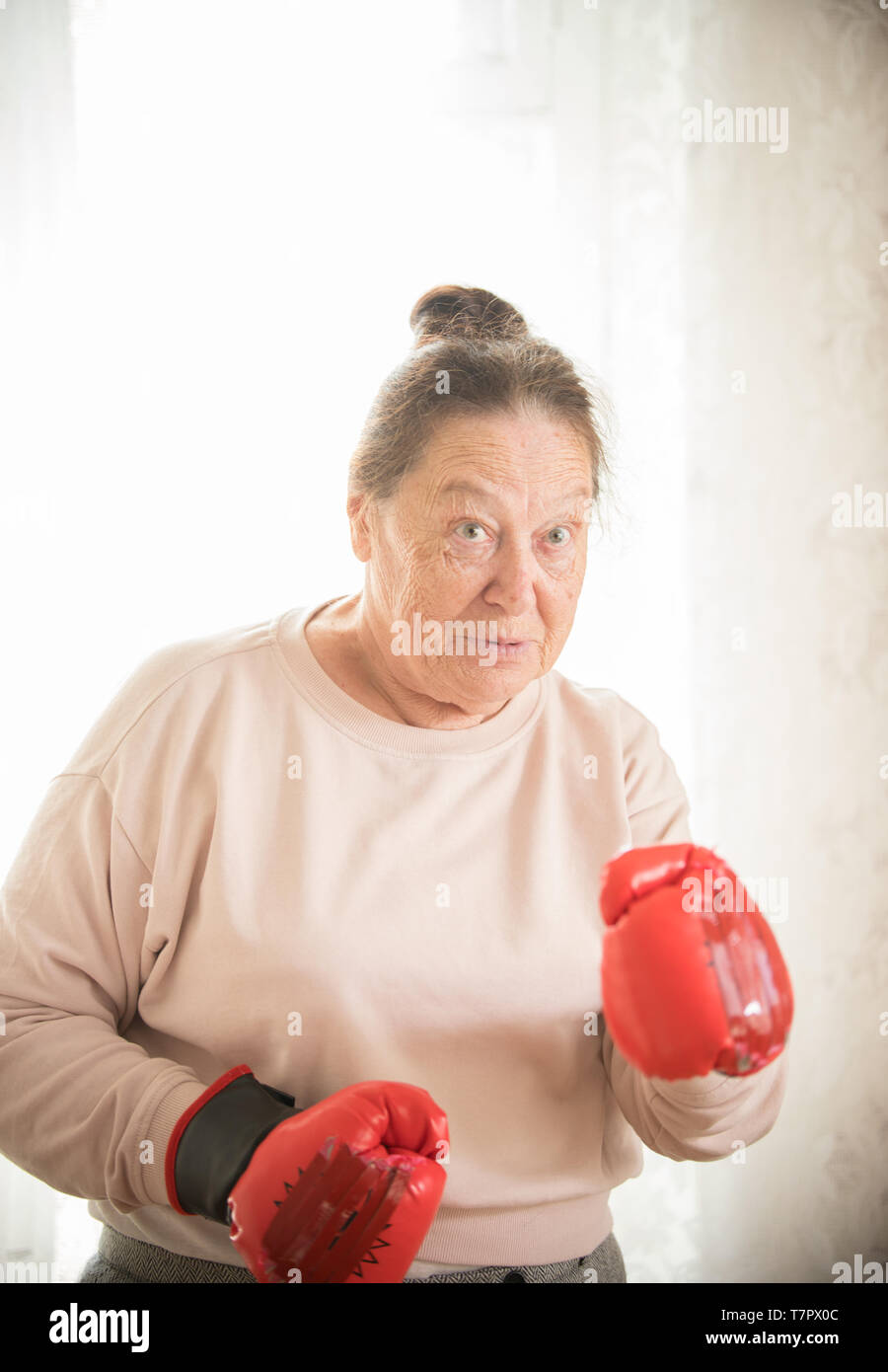 An athletic woman in boxers gloves posing for the camera Stock