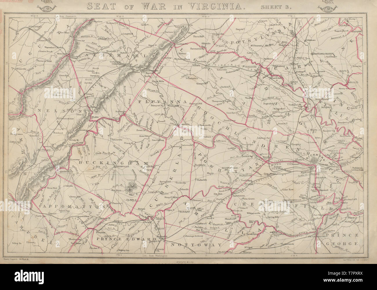 US CIVIL WAR Seat of War in Virginia sheet 3 Richmond Lynchburg. WELLER  1863 map Stock Photo - Alamy