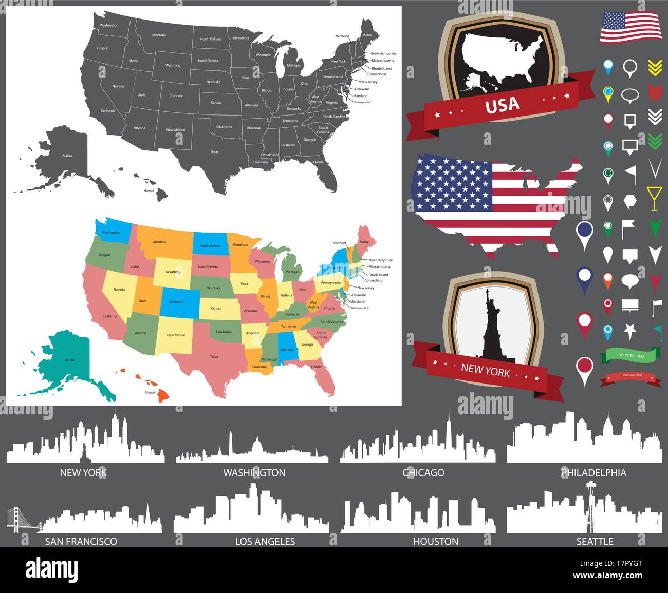United States map with main cities silhouettes set Stock Vector