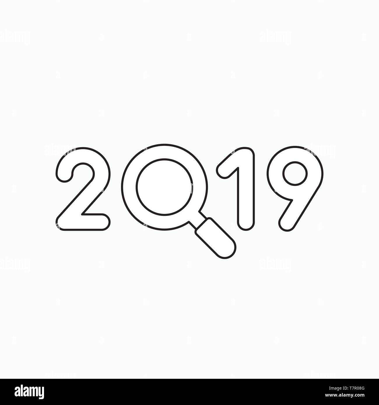 Vector icon concept of 2019 with magnifying glass. Black outlines Stock ...