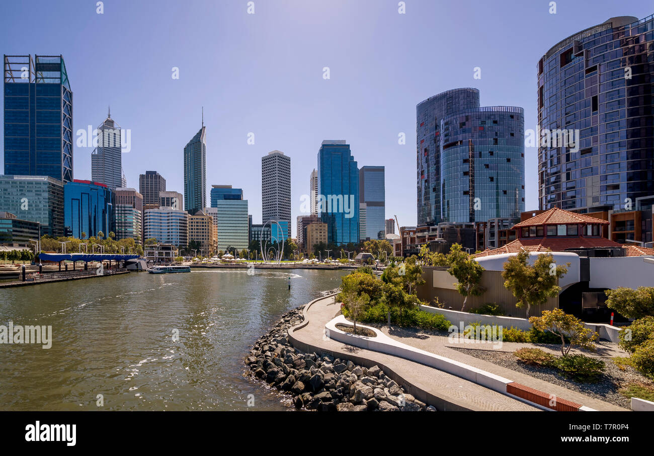 The central business district of Perth seen from the Elizabeth Quay pedestrian bridge, Western Australia Stock Photo