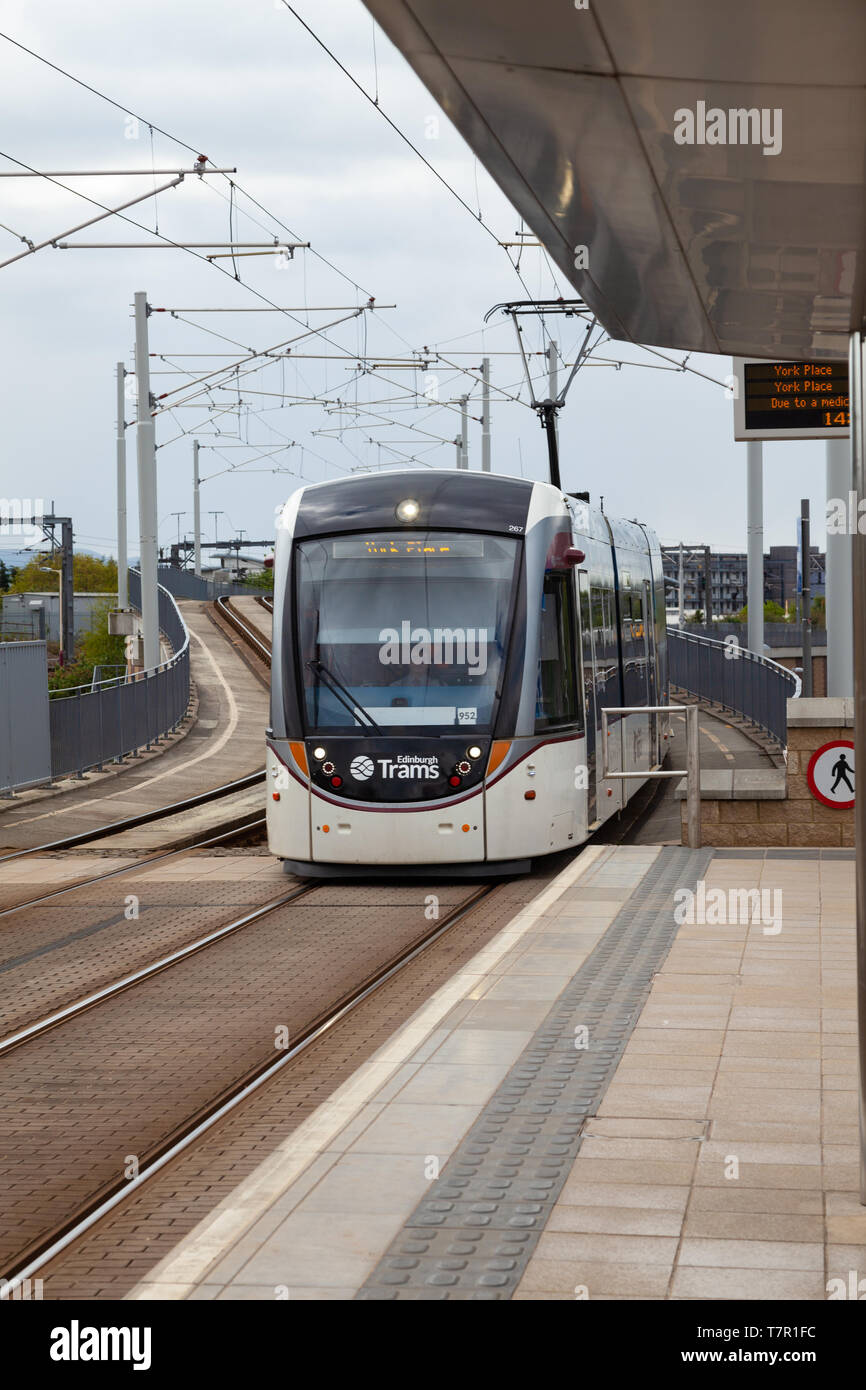 A tram arriving at Murrayfield Stadium tram station in Edinburgh Scotland Stock Photo