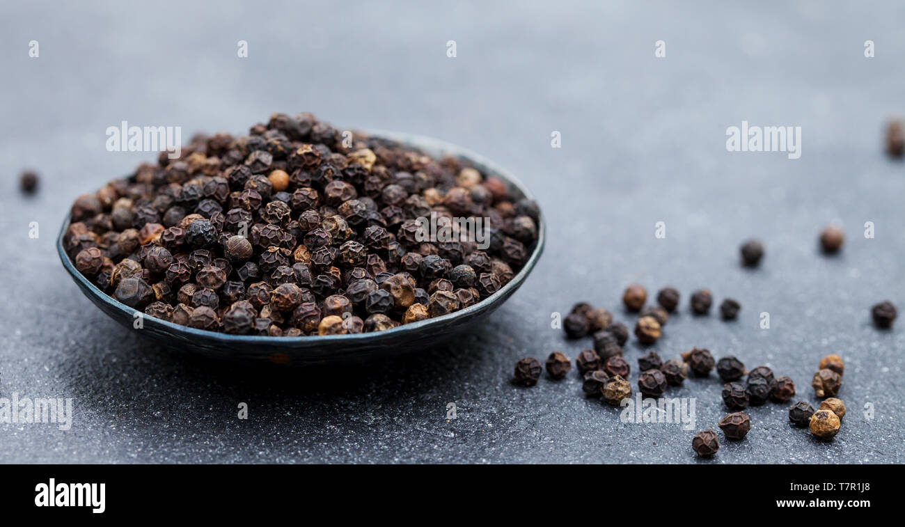 Black pepper, peppercorns in black bowl. Grey background. Copy space