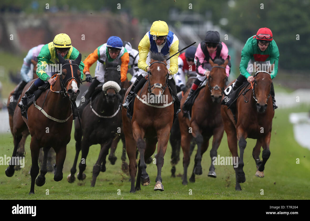 Leodis Dream (centre) ridden by Daniel Tudhope wins The Boodles Diamond Handicap Stakes, during Boodles City Day at Chester Racecourse, Chester. Stock Photo
