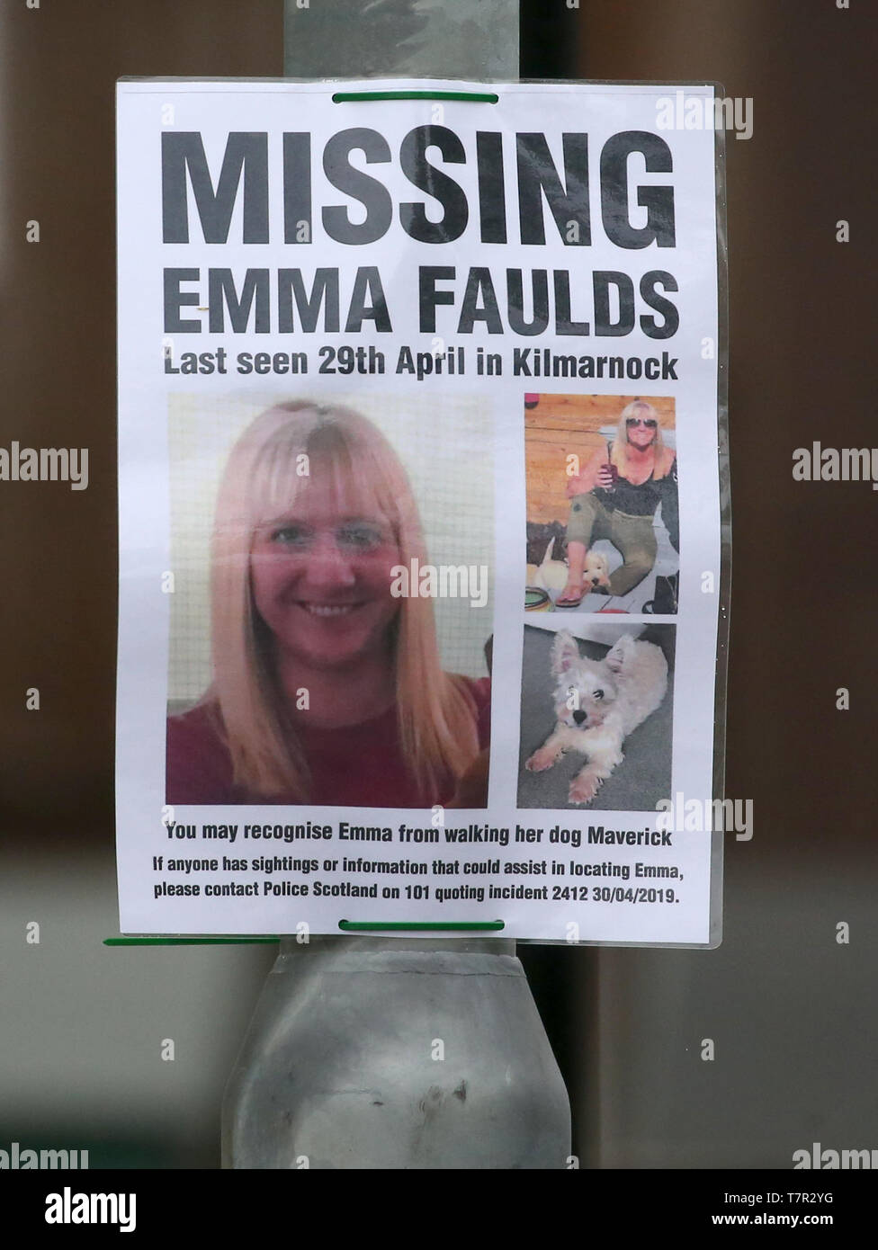 Missing person poster in Monkton, Ayrshire, where 39 year-old Emma Faulds from Kilmarnock was last seen after she was reported missing. Stock Photo