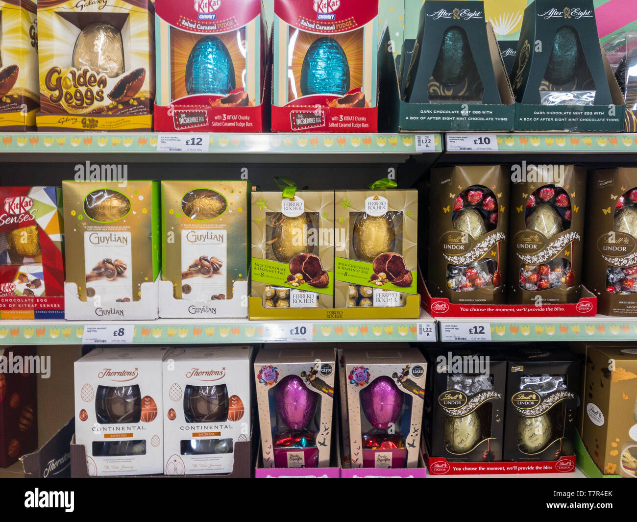 Exeter, Devon , England, March, 14, 2019: A UK supermarket filled shelves selling large and expensive chocolate Easter Eggs. Lots of purple and red in the image, horizontal aspect Stock Photo