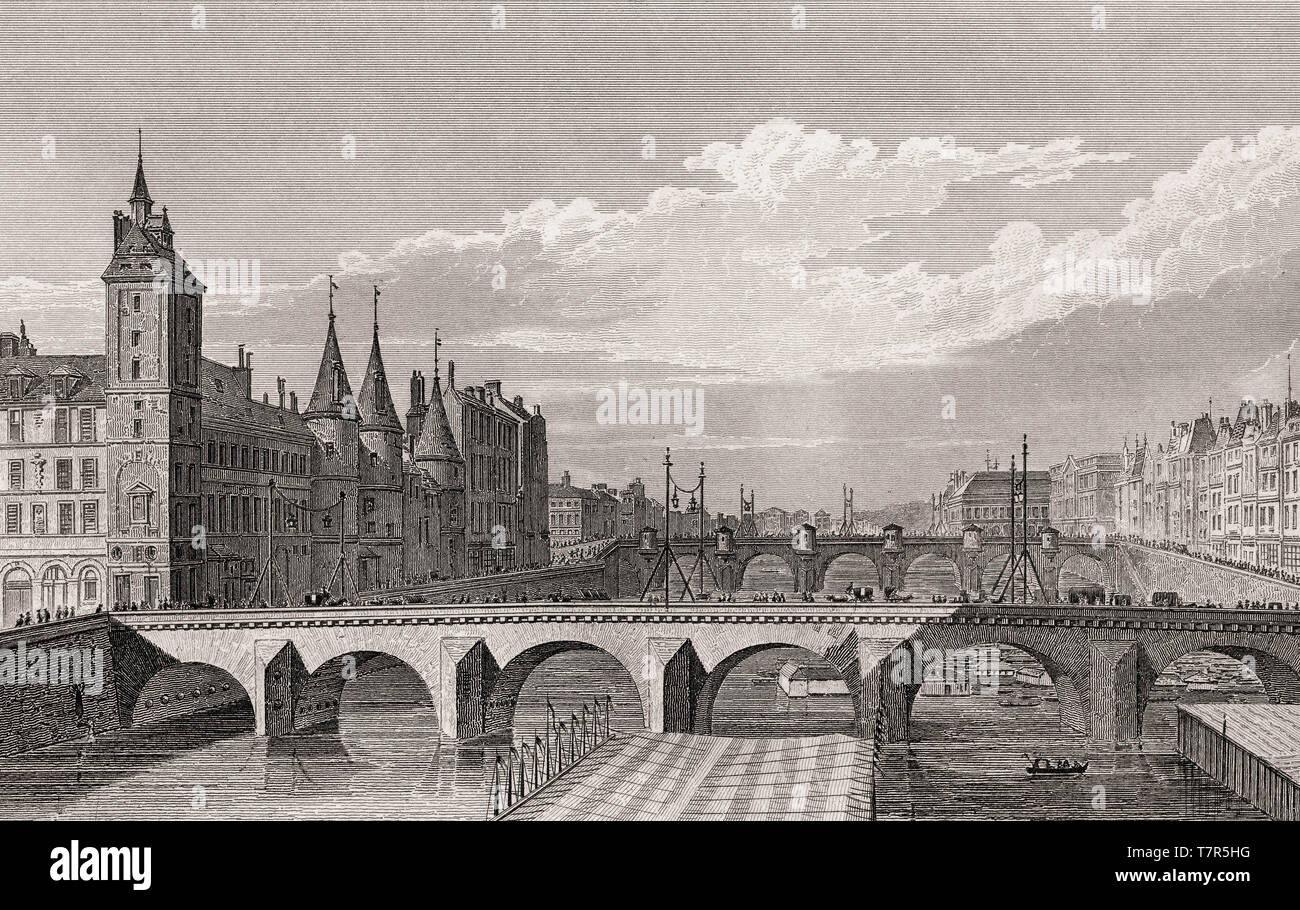 Pont au Change, Paris, antique steel engraved print, 1831 Stock Photo