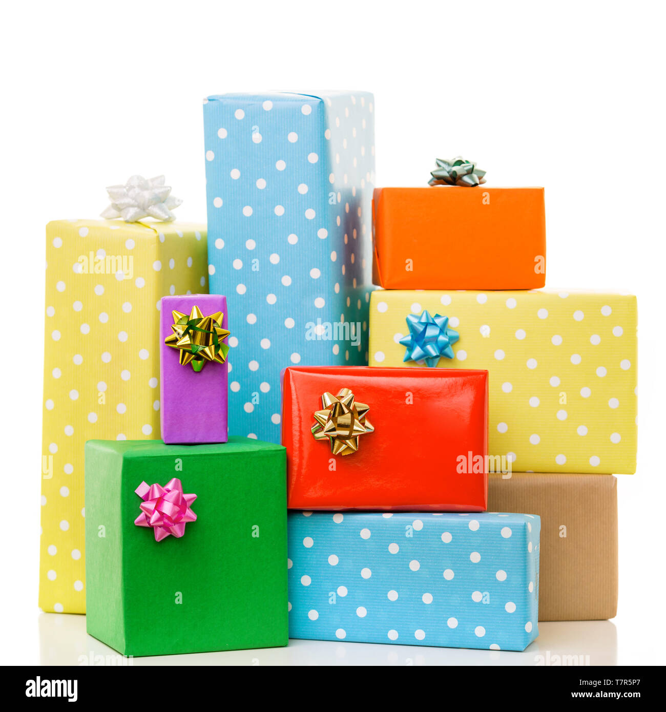 Colorful birthday gift boxes isolated on white background. Birthday