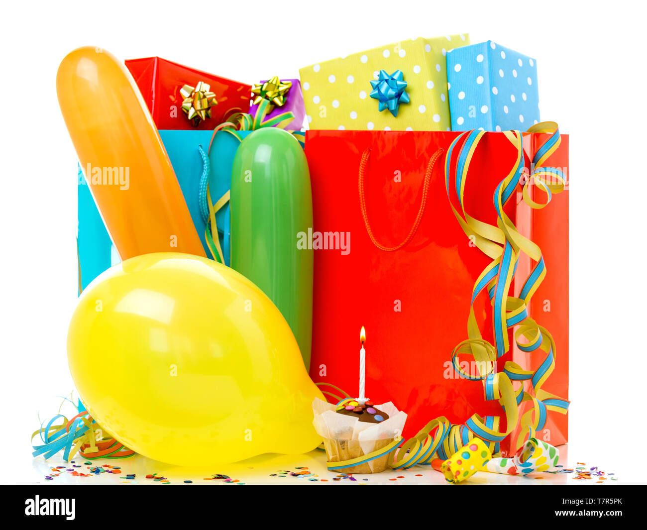 Colorful birthday gift boxes isolated on white background. Birthday