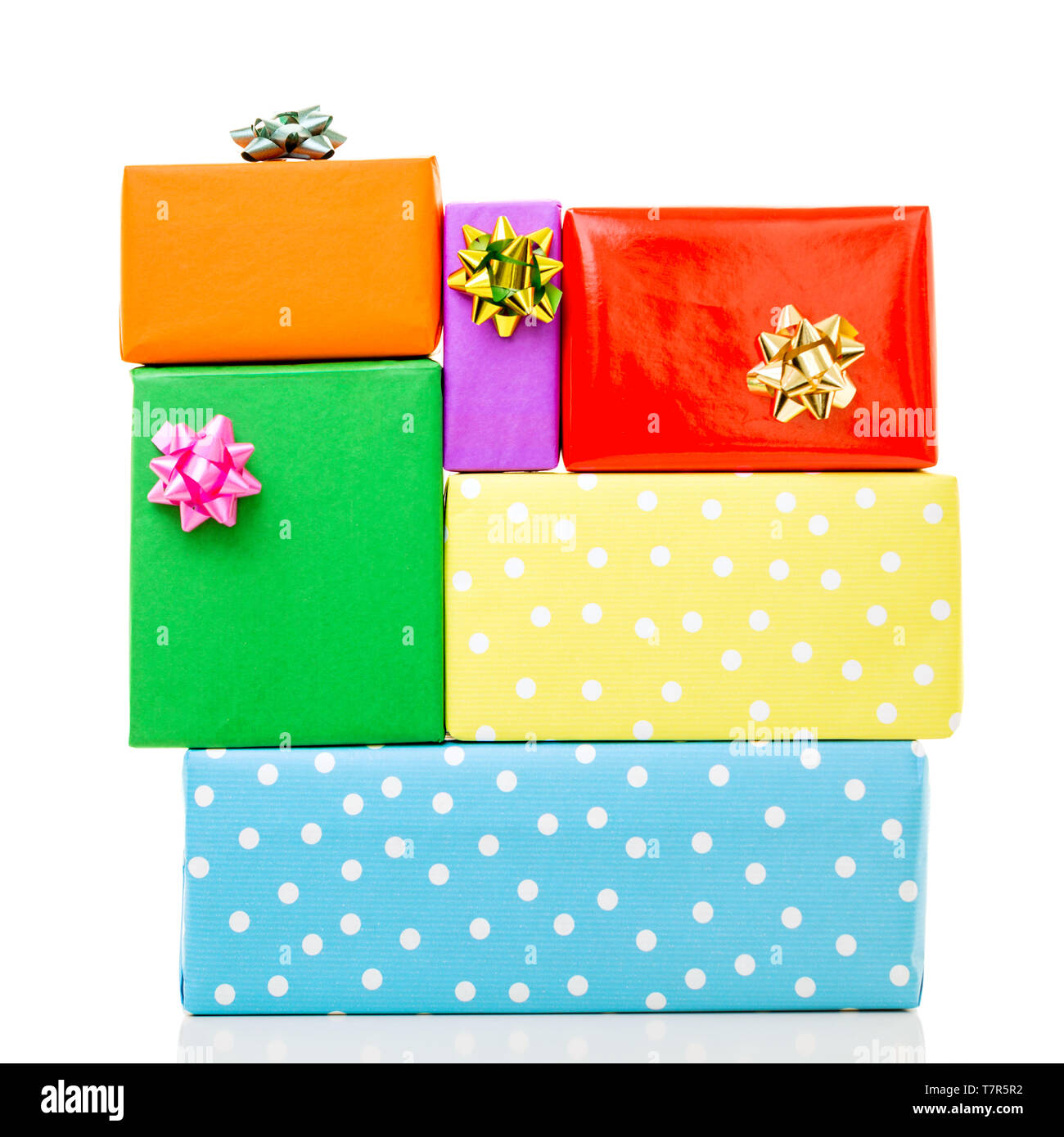 Colorful birthday gift boxes isolated on white background. Birthday