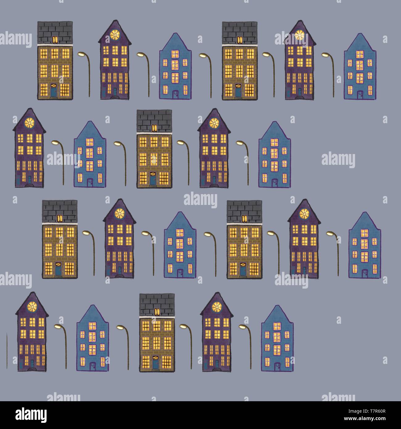 a street of houses with lights illustration Stock Photo - Alamy