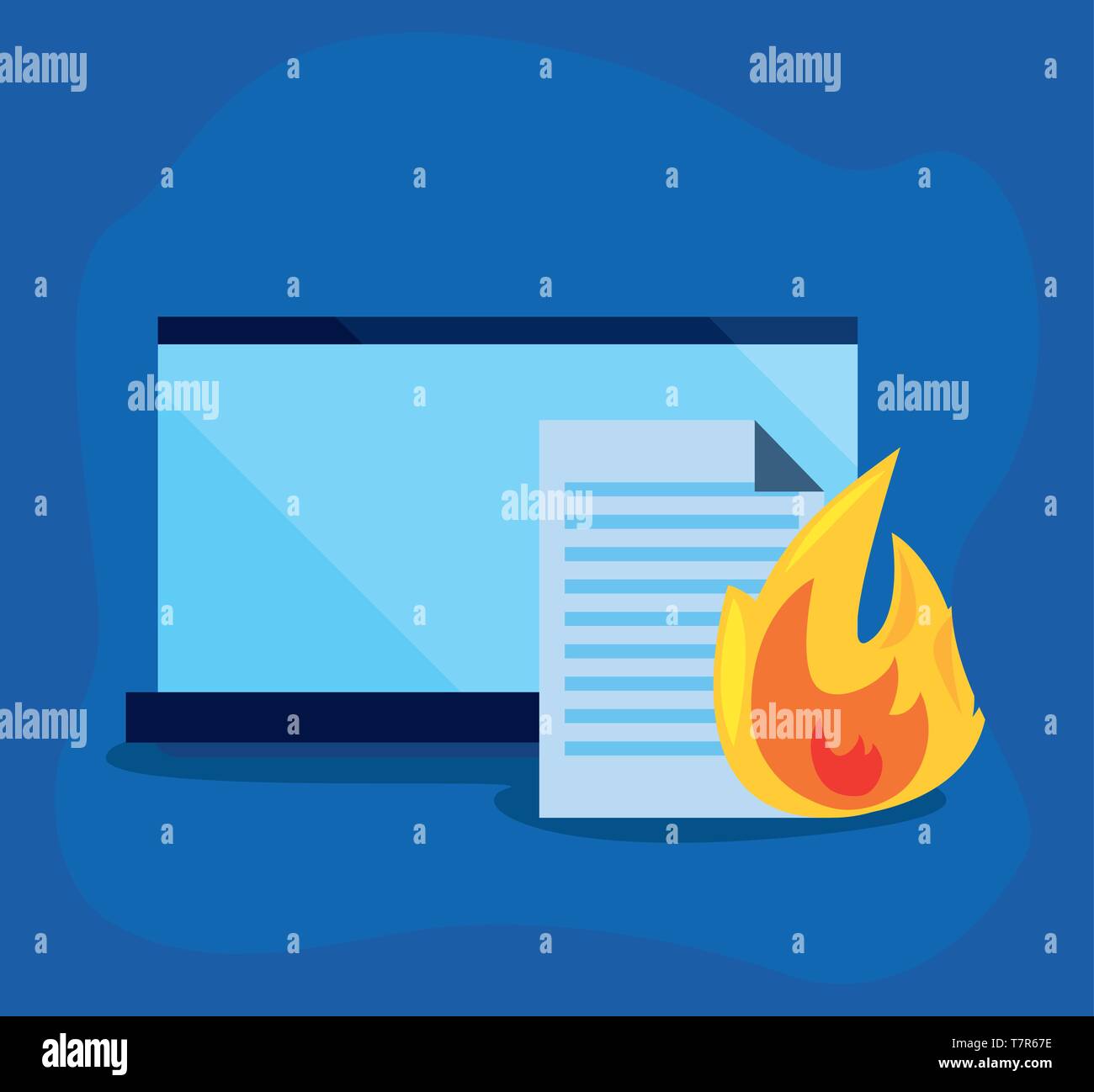 laptop document fire cybersecurity data protection vector illustration ...