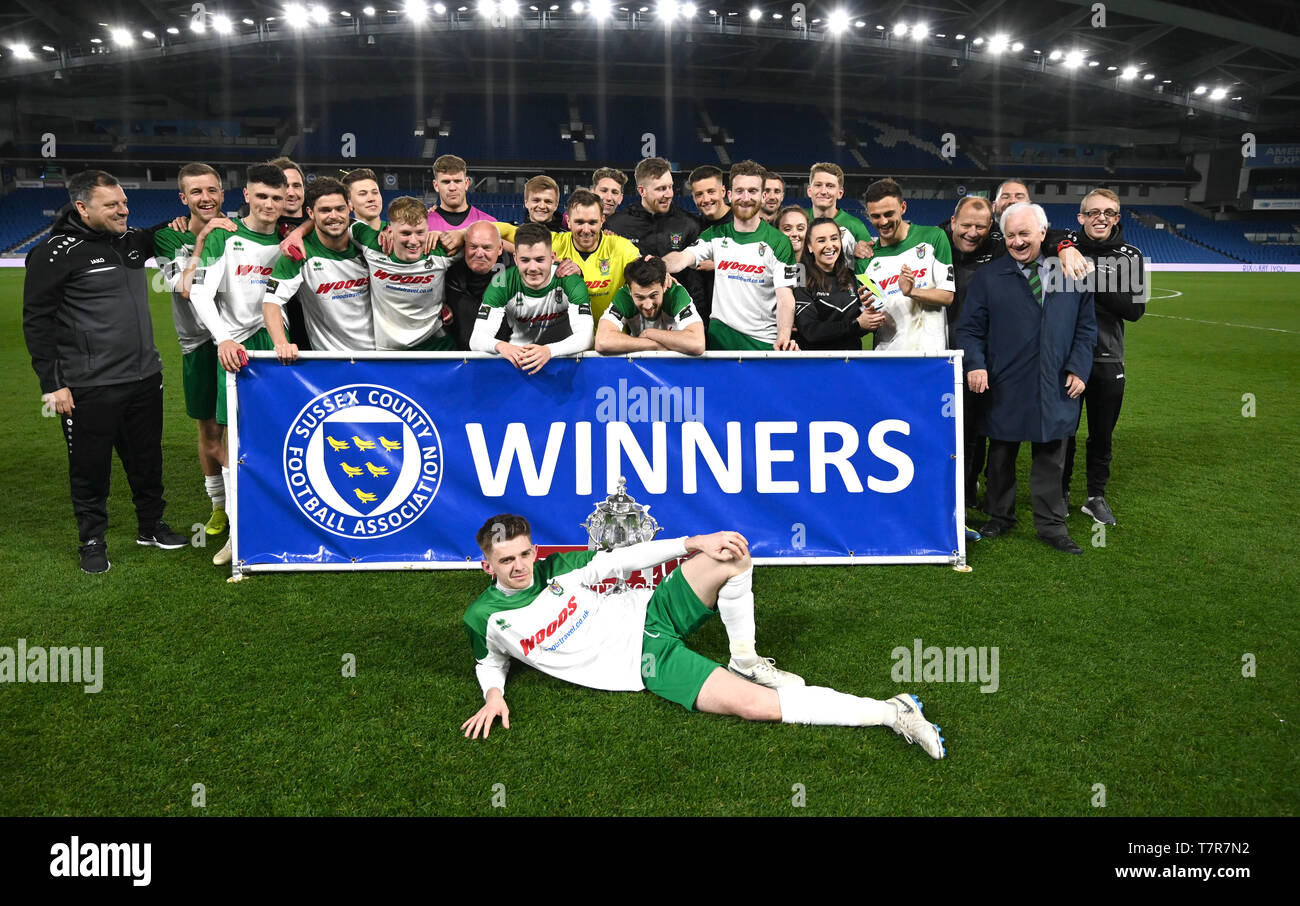 Bognor with the trophy after winning the Sussex Senior Challenge Cup Final between Bognor Regis Town and Burgess Hill Town at the Amex Stadium. Credit : Simon Dack Stock Photo