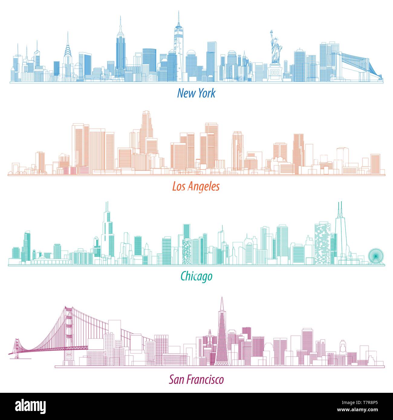 abstract illustrations of United States outlines city skylines Stock ...