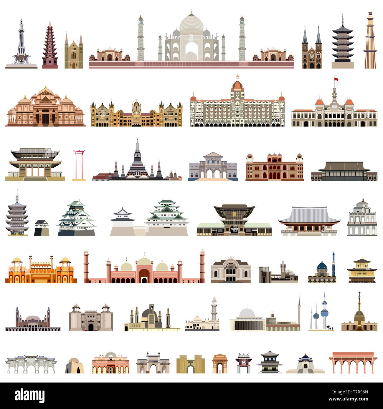 collection of isolated vector temples, towers, cathedrals, pagodas, mausoleums. ancient buildings and other architectural monuments Stock Vector