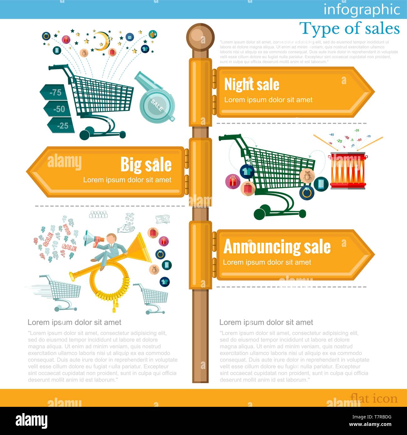 road sign infographic with different types of sales. Night sale. Big