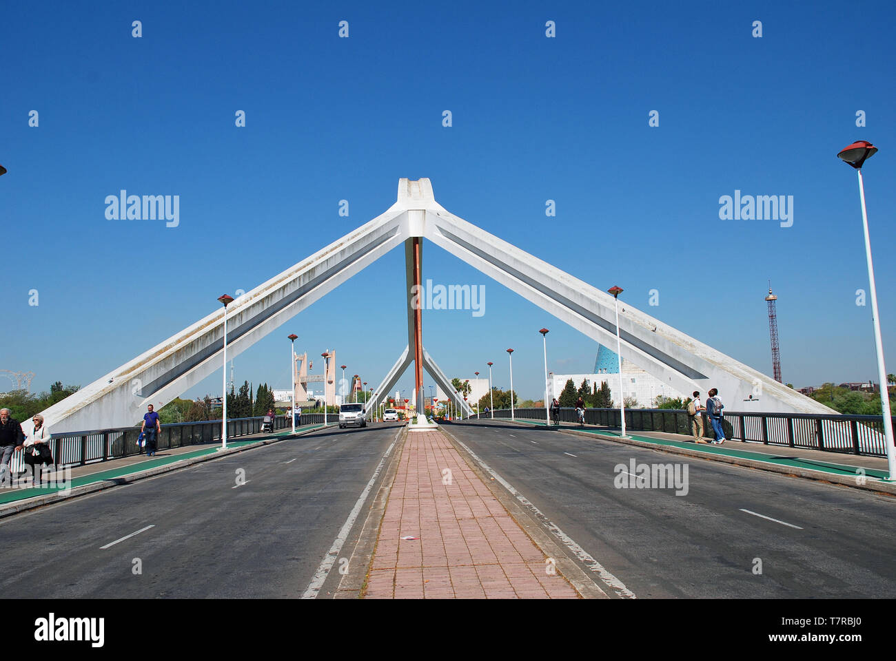 The Puente de la Barqueta in Seville, Spain on April 3, 2019. The suspension bridge was completed in 1992 for access to the Universal Exposition. Stock Photo