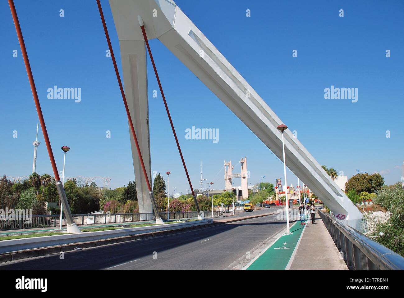 The Puente de la Barqueta in Seville, Spain on April 3, 2019. The suspension bridge was completed in 1992 for access to the Universal Exposition. Stock Photo