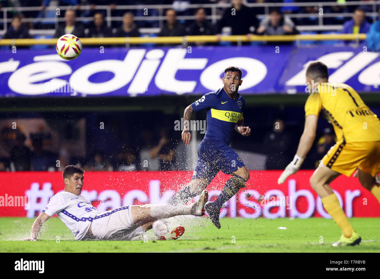 Buenos Aires, Argentina - April 04, 2019: Carlos Tevez is cut by the Godoy Cruz defense in the match for the Superliga cup in Buenos Aires, Argentina Stock Photo