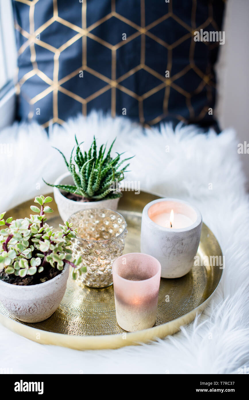 Cozy Real Home Decoration Burning Candles On Golden Tray With