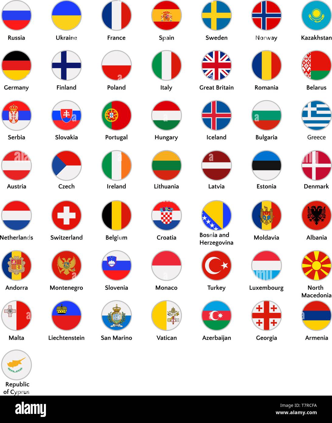 European countries icon set, flags of Great Britain, Malta, Liechtenstein, etc. Symbols in flat style Stock Vector