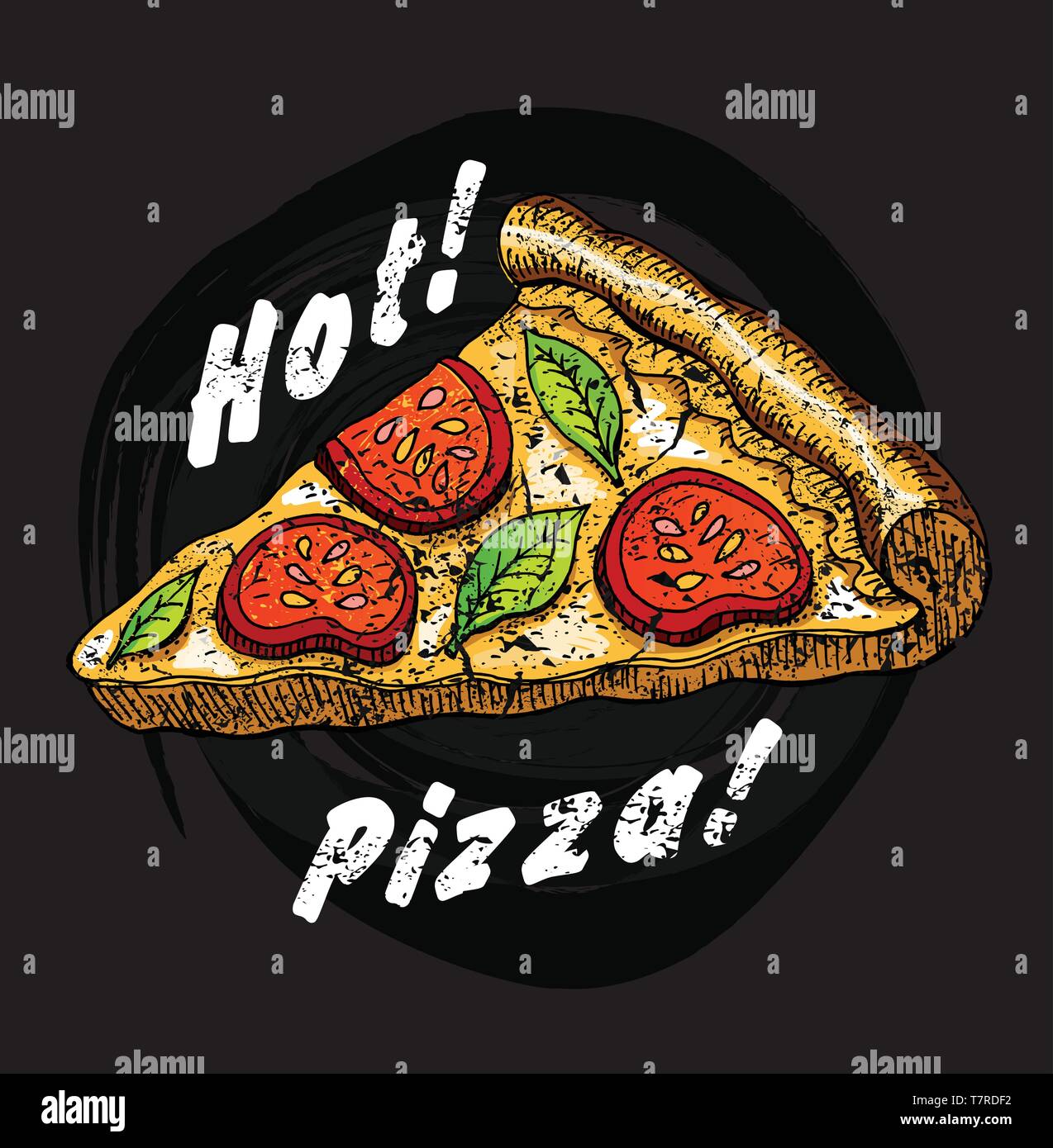 Hand drawn sketch style pizza slice. Pepperoni pizza with salami, tomato,  mushroom slices, basil leaf and melted cheese. Best for pizzeria package  and menu designs. Vector illustration. 22419822 Vector Art at Vecteezy