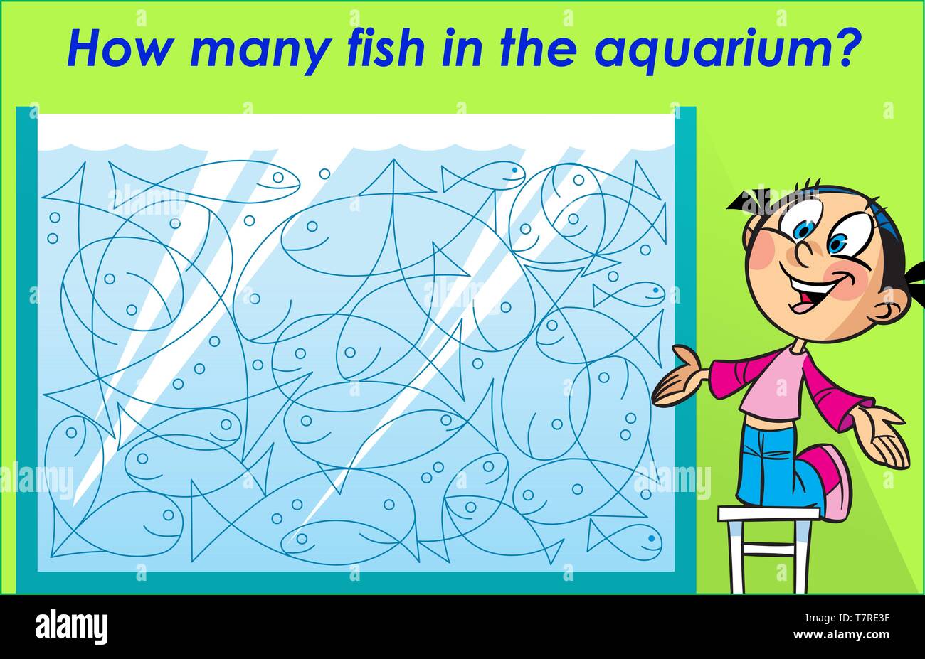In the vector illustration puzzle how many fish in the aquarium. Ready design template for your project. Stock Vector