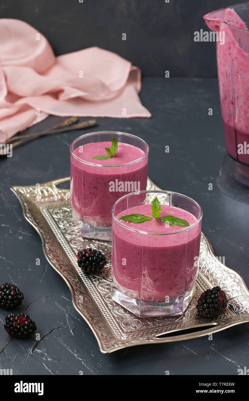Healthy Protein Cocktail With Cottage Cheese And Blackberries Is