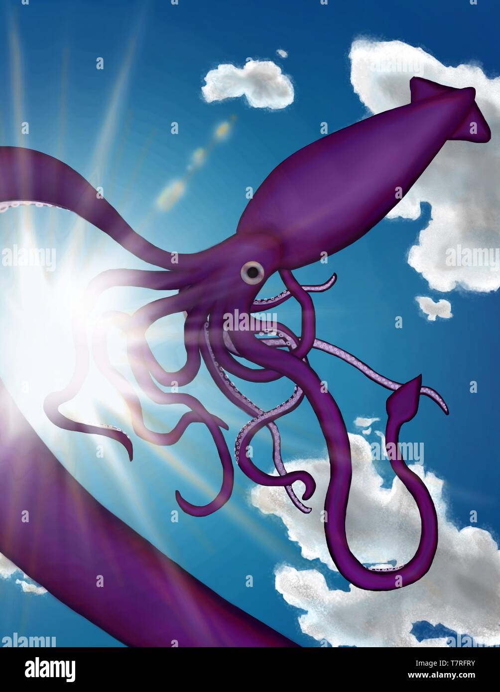 A surrealist illustration of a giant squid / kraken floating in the sky Stock Photo