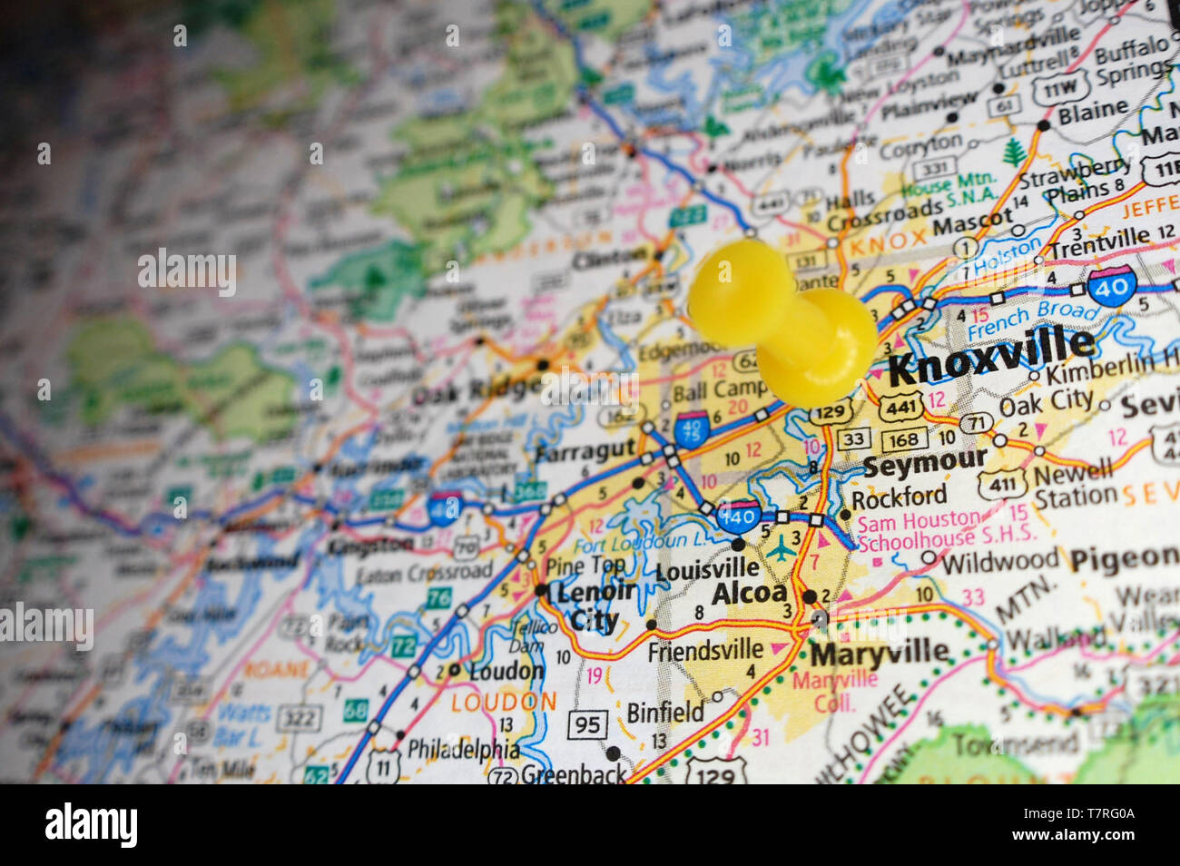 A map of Knoxville, Tennessee marked with a push pin. Stock Photo