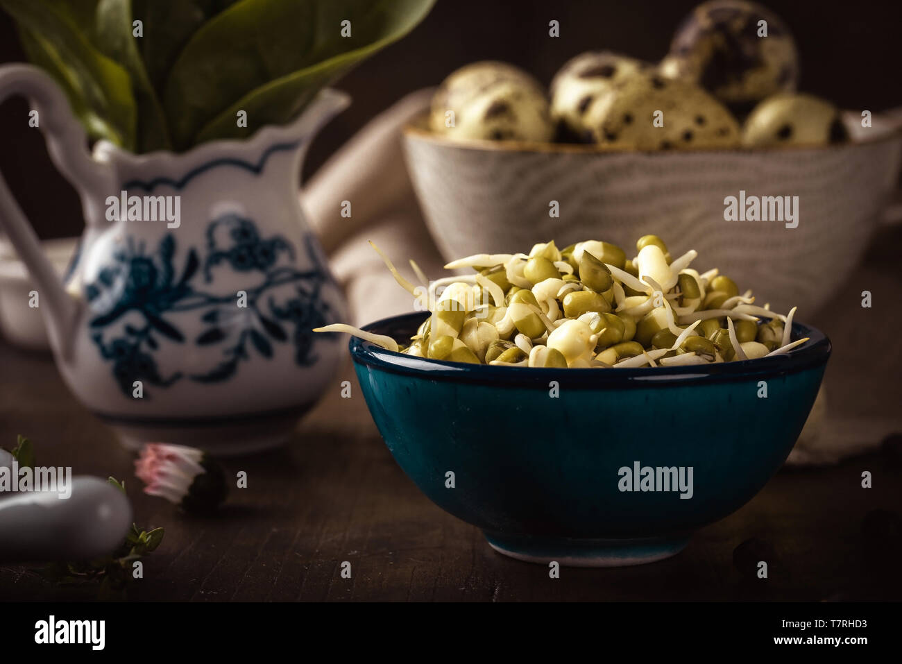 Horizontal photo of vintage wooden board with several bowls which contain mung bean sprouts, quail eggs and spinach. Light cloth is under one bowl. Stock Photo