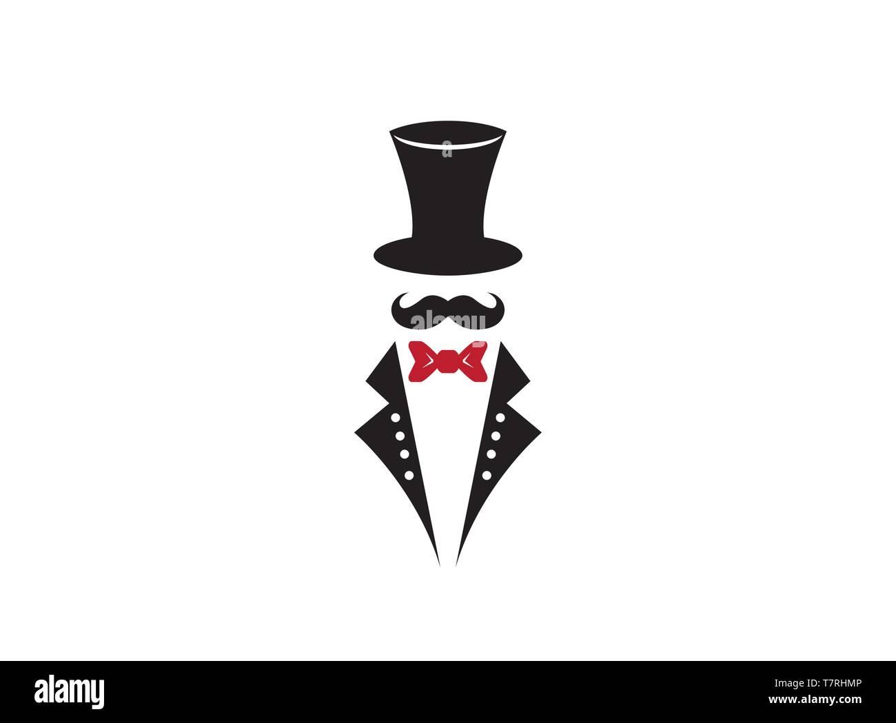Monochrome illustration of top hat mustache with costume and tie vector ...