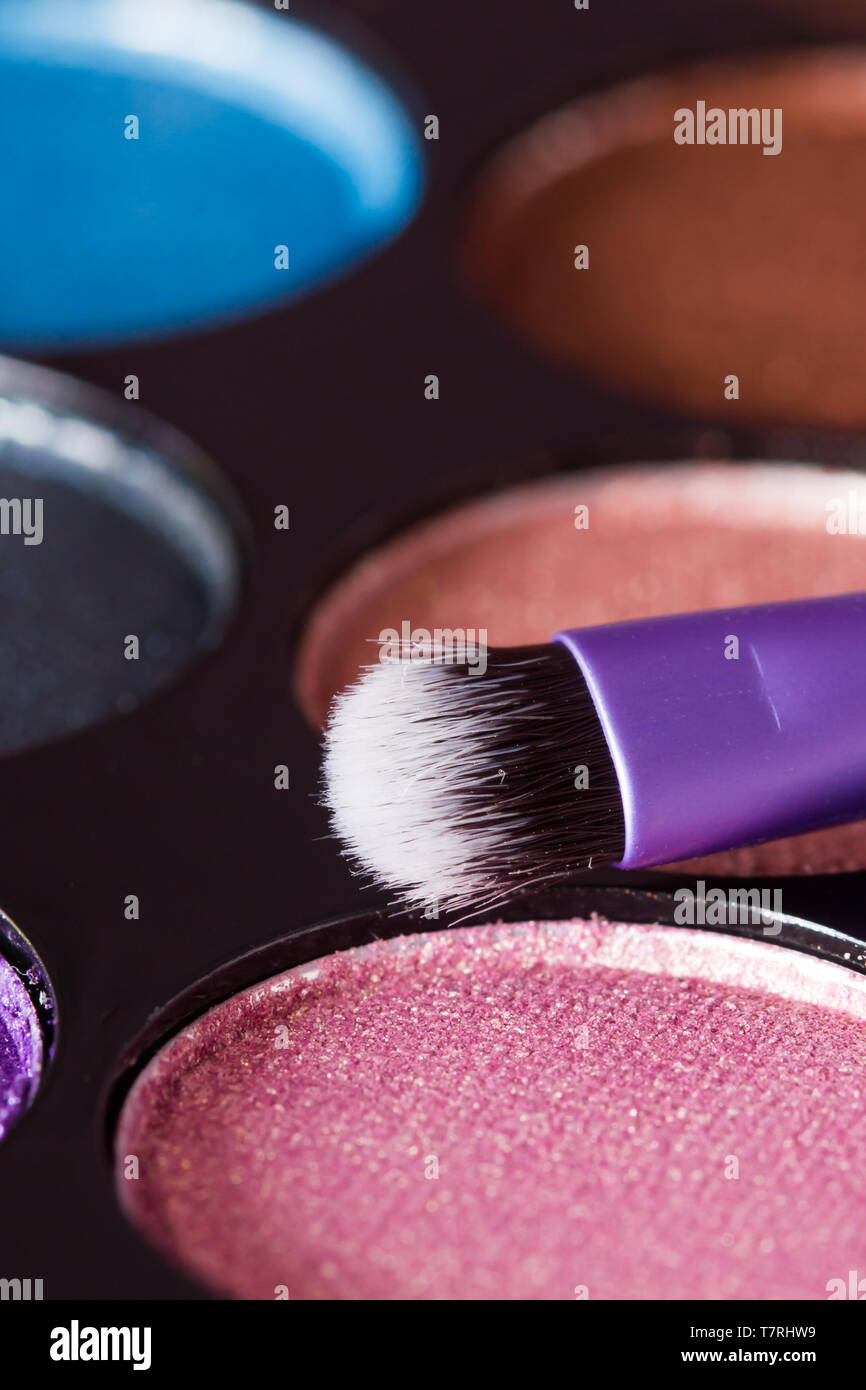 Makeup brush with makeup palette in the background Stock Photo - Alamy