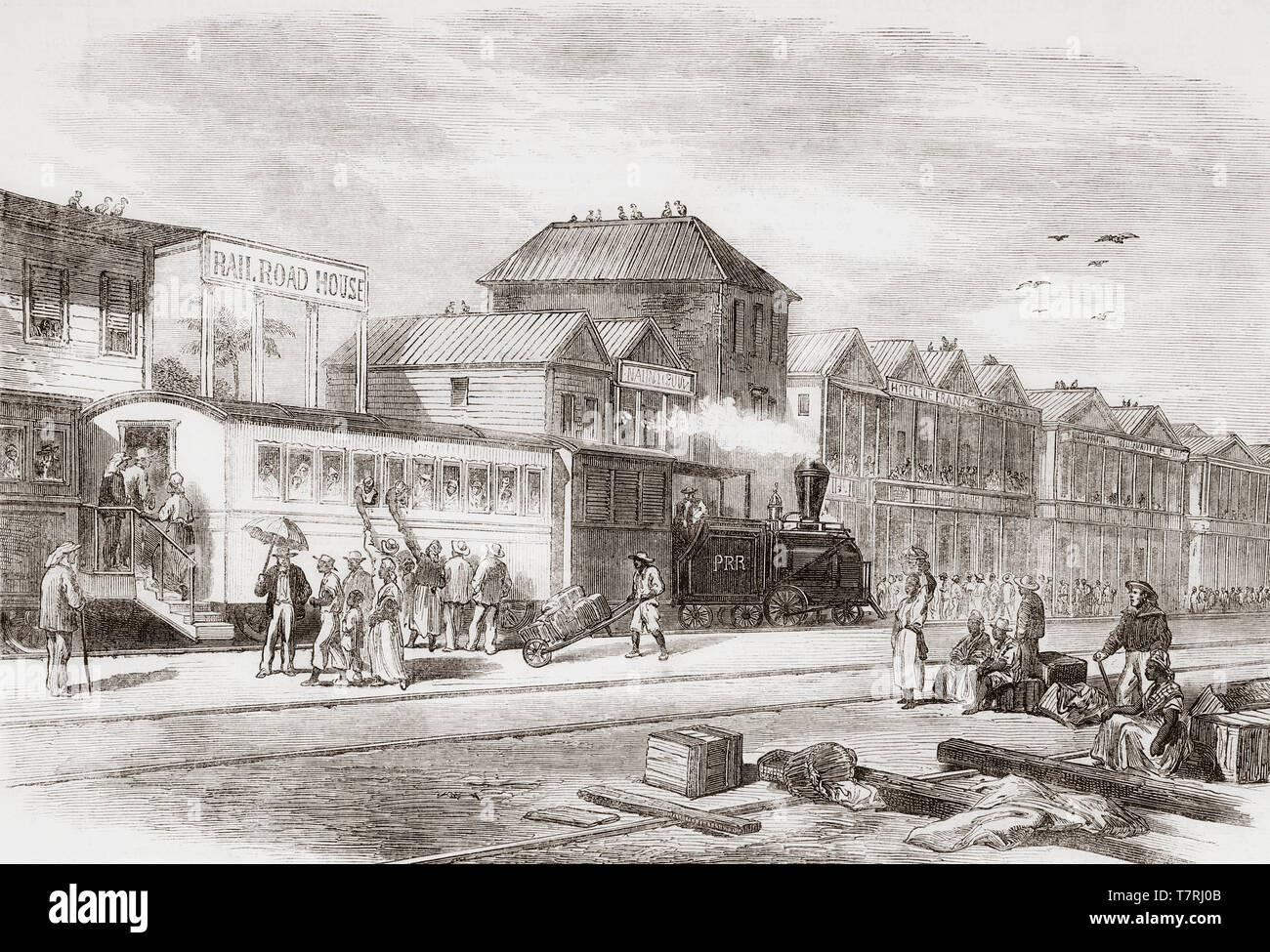 Aspinwall, ( present day Colon) Central America.  The train leaving for Panama.  From The Illustrated London News, published 1865. Stock Photo