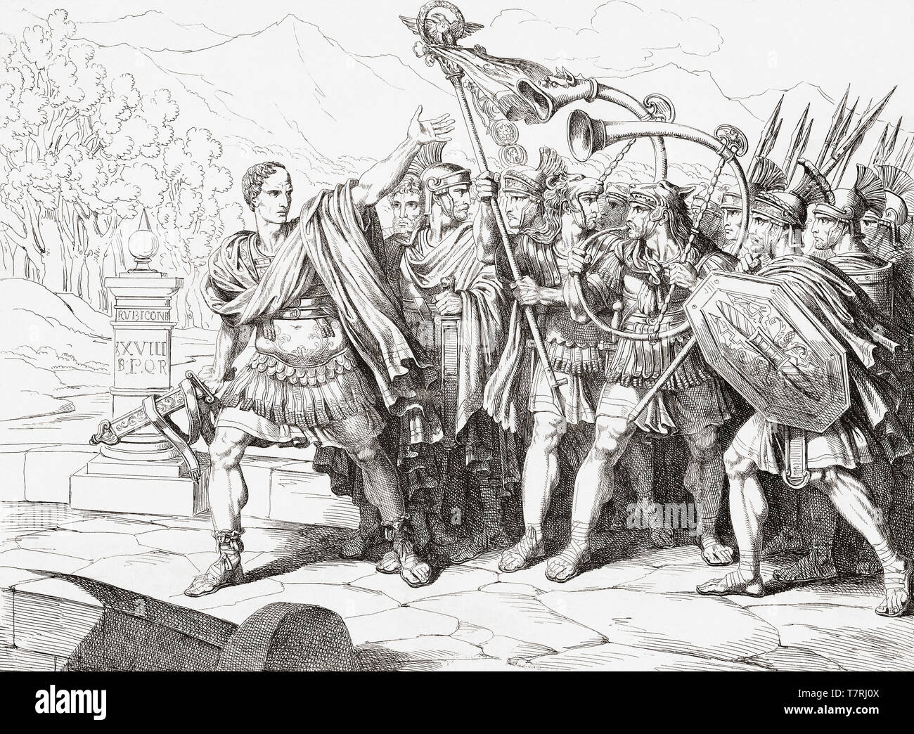 Julius Caesar poised to cross the Rubicon in 49 BC.  After a 19th century work by Bartolomeo Pinelli. Stock Photo