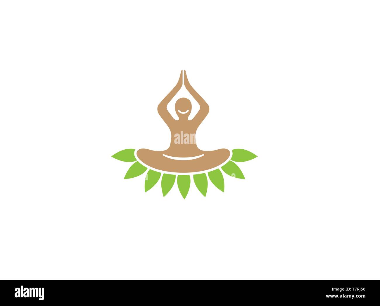 A person set on leaves hands up and smile doing meditation and yoga for health Green logo design illustration on white background Stock Vector