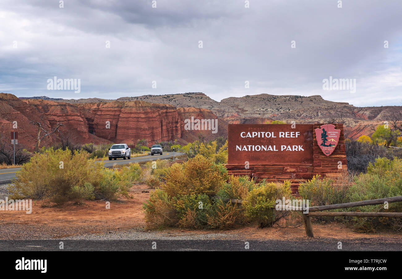 Entrance sign of Capitol Reef National park, Utah Stock Photo