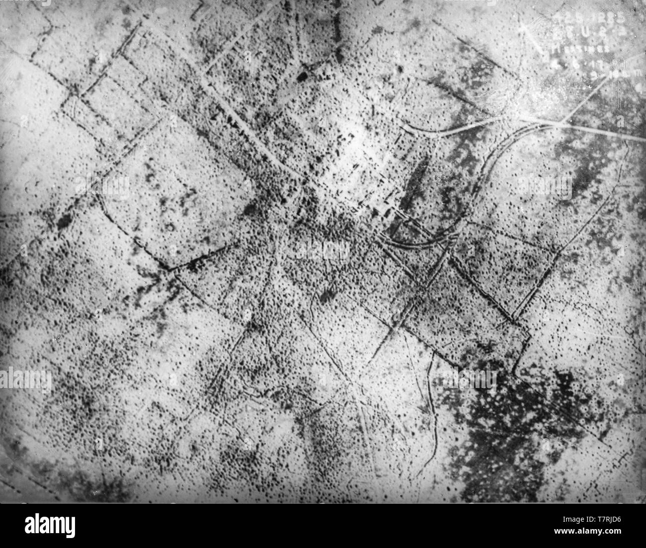 Contemporary black and white British photograph taken from an aeroplane in June 1917 over the Belgian town of Messiness, near Flanders. Photograph clearly shows the vast devastation caused by the huge shelling and bombing of what became known as The Battle Of Messiness. Aerial bombing World war One. Stock Photo