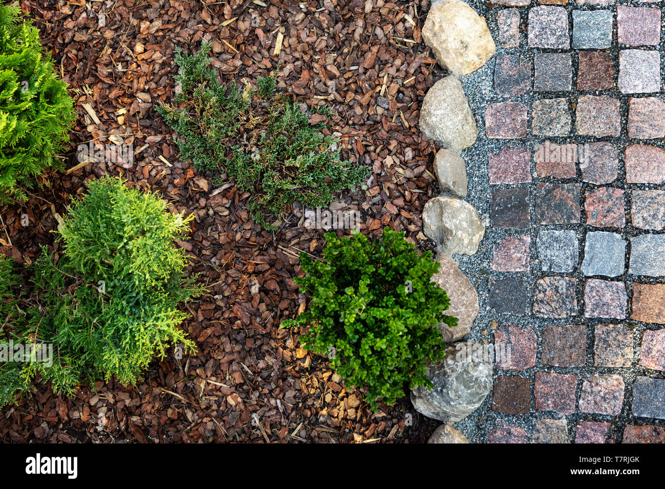 landscaped garden - mulched flower bed and granite cobblestone path. top view Stock Photo