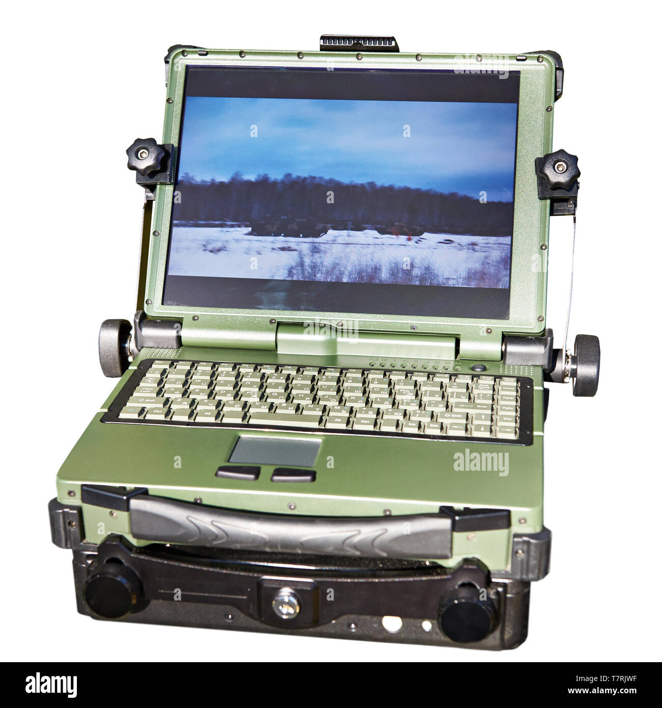 Protected laptop for military and industrial purposes isolated white
