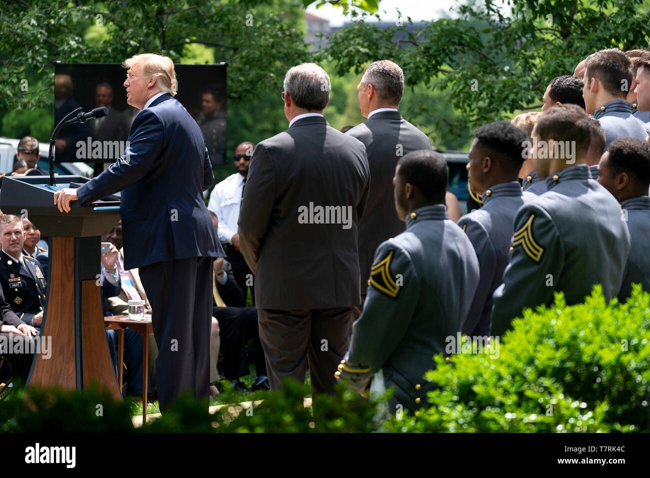 U.S President Donald Trump speaks during the Commander in Chiefs trophy presentation at the Rose Garden of the White House May 6, 2019 in Washington, DC. The Army Black Knights of the U.S. Military Academy football team are the 2018 champions. Stock Photo